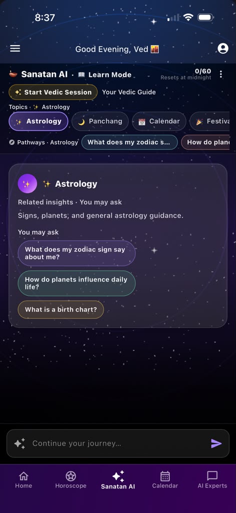 Sanatan AI Learn Mode with topic chips